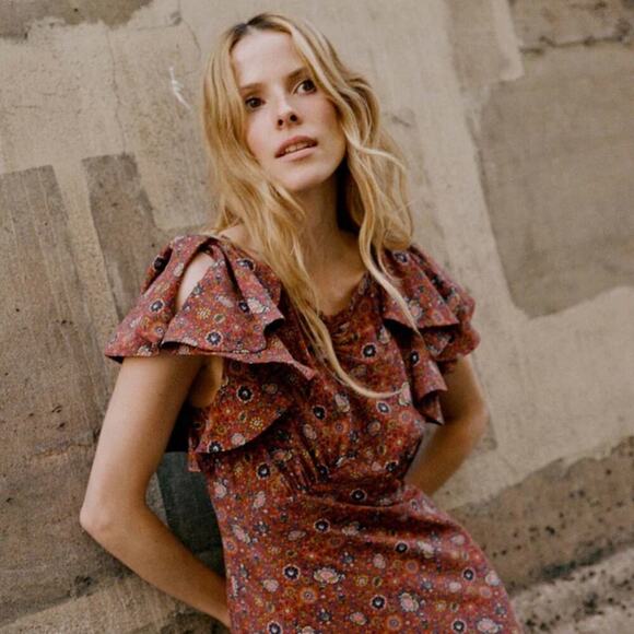 NWT Doen Beatriz Silk Ruffle Short Sleeve Maxi Dress Rouge Adaline Medallian - Picture 3 of 11